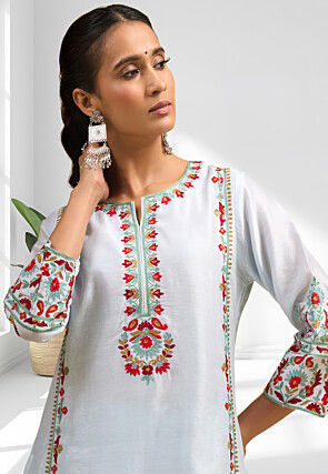 Embroidered Cotton Silk Straight Kurta Set in Pastel Blue