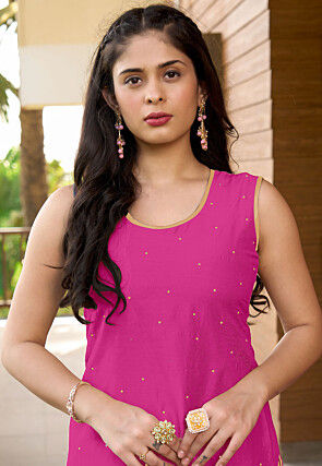 Embroidered Cotton Silk Straight Kurta Set in Pink