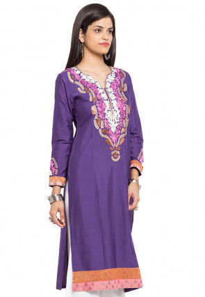 Embroidered Cotton Silk Straight Kurta in Purple