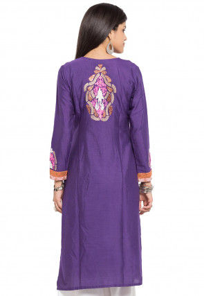 Embroidered Cotton Silk Straight Kurta in Purple