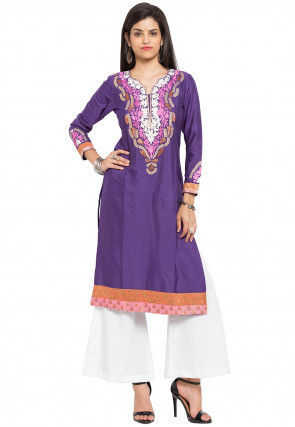 Embroidered Cotton Silk Straight Kurta in Purple