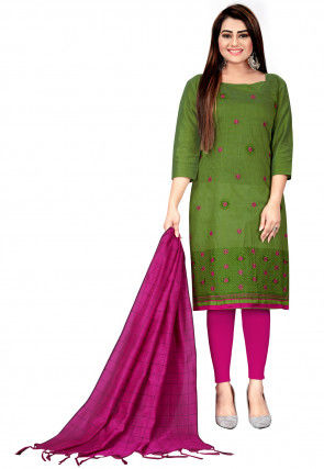 Embroidered Cotton Silk Straight Suit in Green