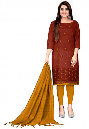 Embroidered Cotton Silk Straight Suit in Maroon