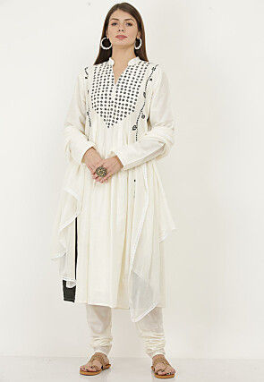 Embroidered Cotton Silk Straight Suit in Off White