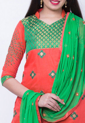 Embroidered Cotton Silk Straight Suit in Orange