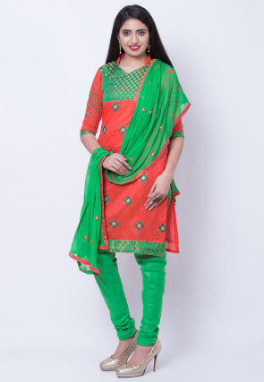 Embroidered Cotton Silk Straight Suit in Orange