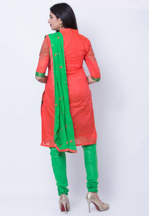 Embroidered Cotton Silk Straight Suit in Orange