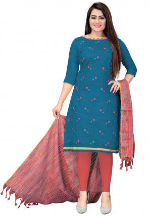 Embroidered Cotton Silk Straight Suit in Teal Blue