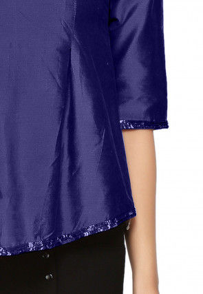 Embroidered Cotton Silk Top in Navy Blue
