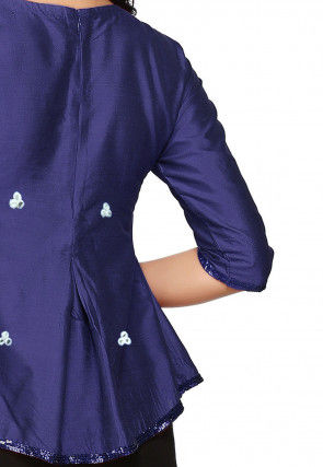 Embroidered Cotton Silk Top in Navy Blue