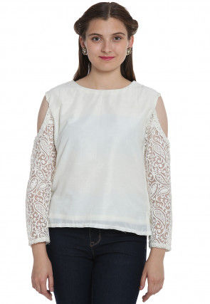 Embroidered Cotton Silk Top in Off White