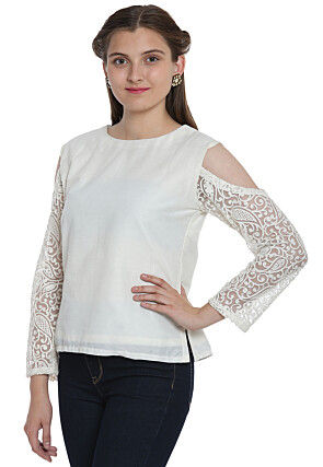 Embroidered Cotton Silk Top in Off White