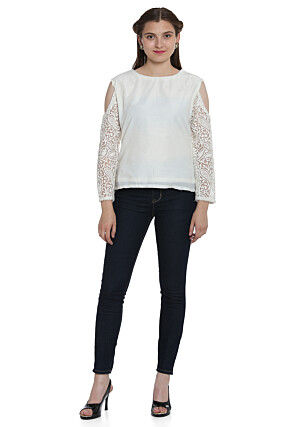 Embroidered Cotton Silk Top in Off White