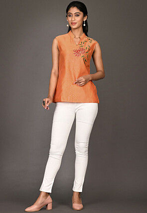 Embroidered Cotton Silk Top in Orange