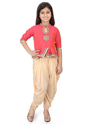 Embroidered Cotton Silk Top with Dhoti Pant in Orange and Pink