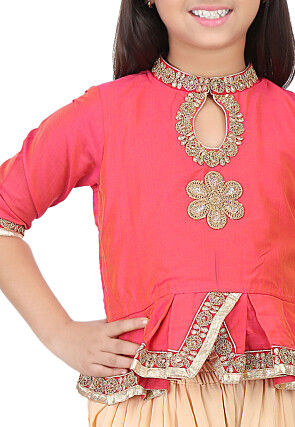 Embroidered Cotton Silk Top with Dhoti Pant in Orange and Pink