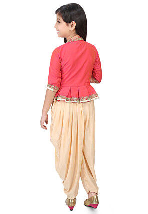 Embroidered Cotton Silk Top with Dhoti Pant in Orange and Pink