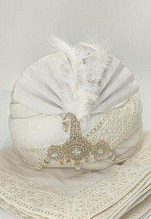 Embroidered Cotton Silk Turban in Off White