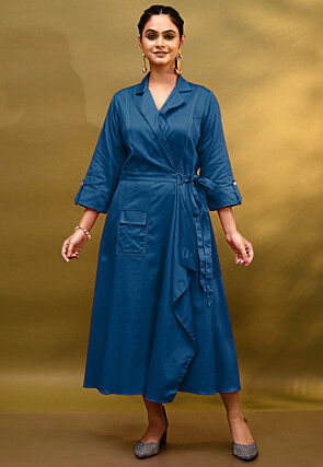 Embroidered Cotton Silk Wrap Dress in Teal Blue