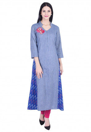 Embroidered Cotton Slub A Line Kurta in Blue