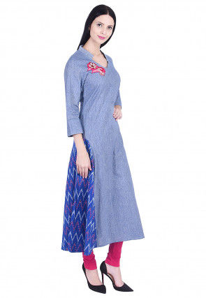 Embroidered Cotton Slub A Line Kurta in Blue