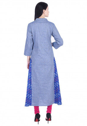 Embroidered Cotton Slub A Line Kurta in Blue