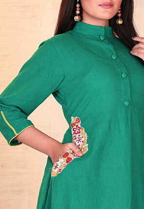 Embroidered Cotton Slub A Line Kurti in Teal Blue