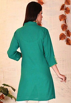 Embroidered Cotton Slub A Line Kurti in Teal Blue