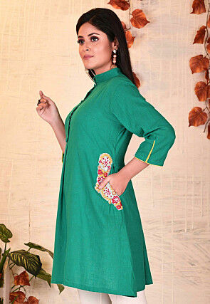 Embroidered Cotton Slub A Line Kurti in Teal Blue