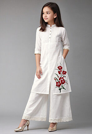 Embroidered Cotton Slub Front Open Straight Kurta Set in White