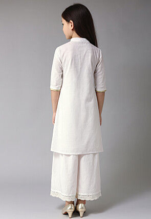 Embroidered Cotton Slub Front Open Straight Kurta Set in White