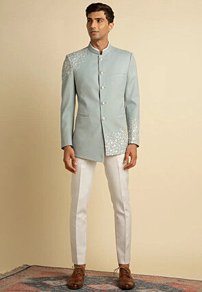 Embroidered Cotton Slub Jodhpuri Suit in Light Green