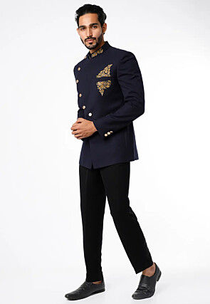 Embroidered Cotton Slub Jodhpuri Suit in Navy Blue
