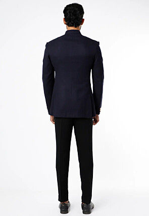 Embroidered Cotton Slub Jodhpuri Suit in Navy Blue