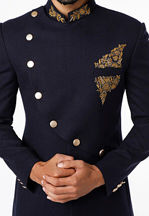 Embroidered Cotton Slub Jodhpuri Suit in Navy Blue