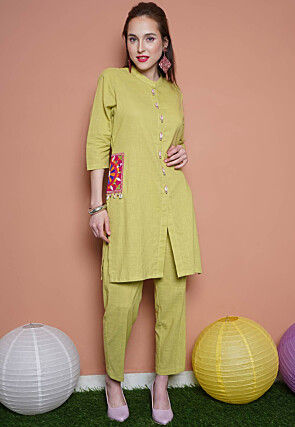 Embroidered Cotton Slub Kurta Set in Light Green