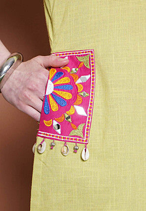 Embroidered Cotton Slub Kurta Set in Light Green