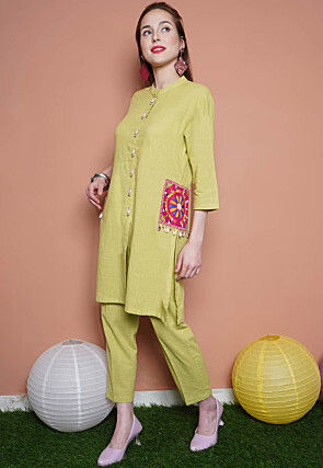 Embroidered Cotton Slub Kurta Set in Light Green