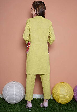 Embroidered Cotton Slub Kurta Set in Light Green