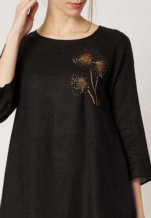 Embroidered Cotton Slub Kurta with Pant in Black