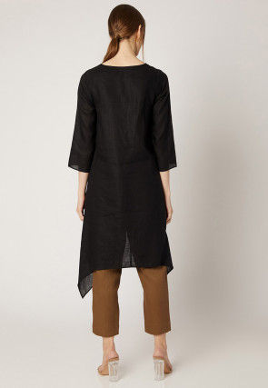 Embroidered Cotton Slub Kurta with Pant in Black