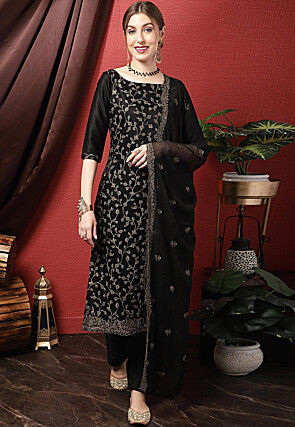Embroidered Cotton Slub Pakistani Suit in Black