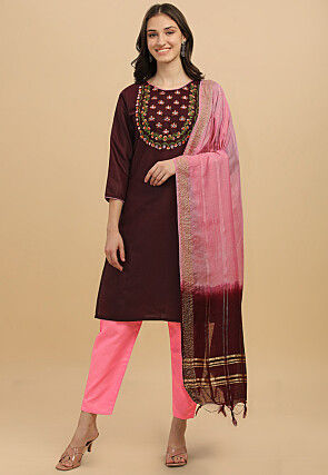 Embroidered Cotton Slub Pakistani Suit in Brown