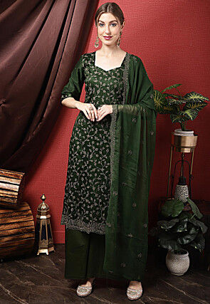 Embroidered Cotton Slub Pakistani Suit in Dark Green