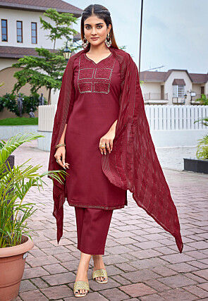 Embroidered Cotton Slub Pakistani Suit in Maroon
