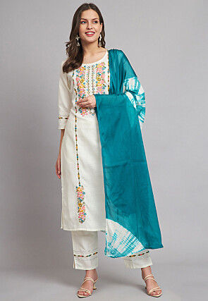 Embroidered Cotton Slub Pakistani Suit in Off White