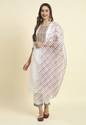 Embroidered Cotton Slub Pakistani Suit in Off White