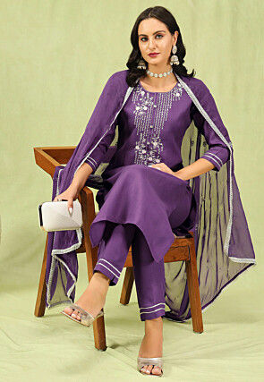 Embroidered Cotton Slub Pakistani Suit in Purple