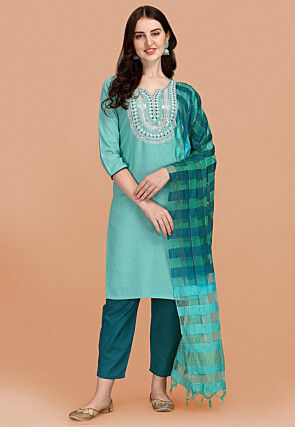 Embroidered Cotton Slub Pakistani Suit in Sky Blue