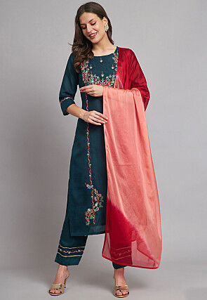 Embroidered Cotton Slub Pakistani Suit in Teal Blue